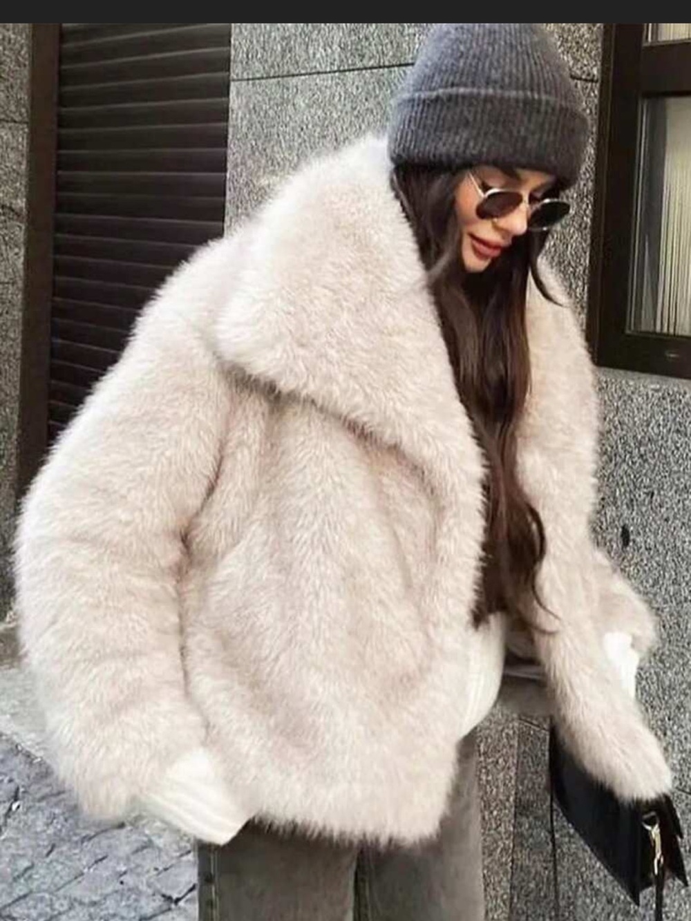 Plush Faux Fur Coat - Beige women shaggy jacket